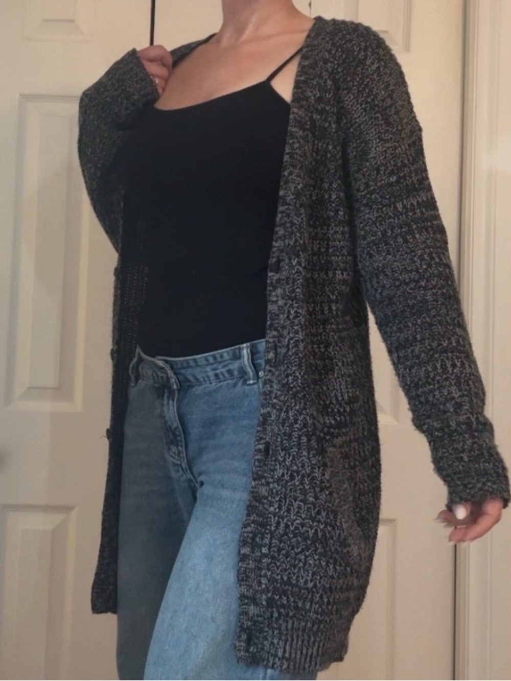 Cozy Open-Front Black & Gray Knit Cardigan